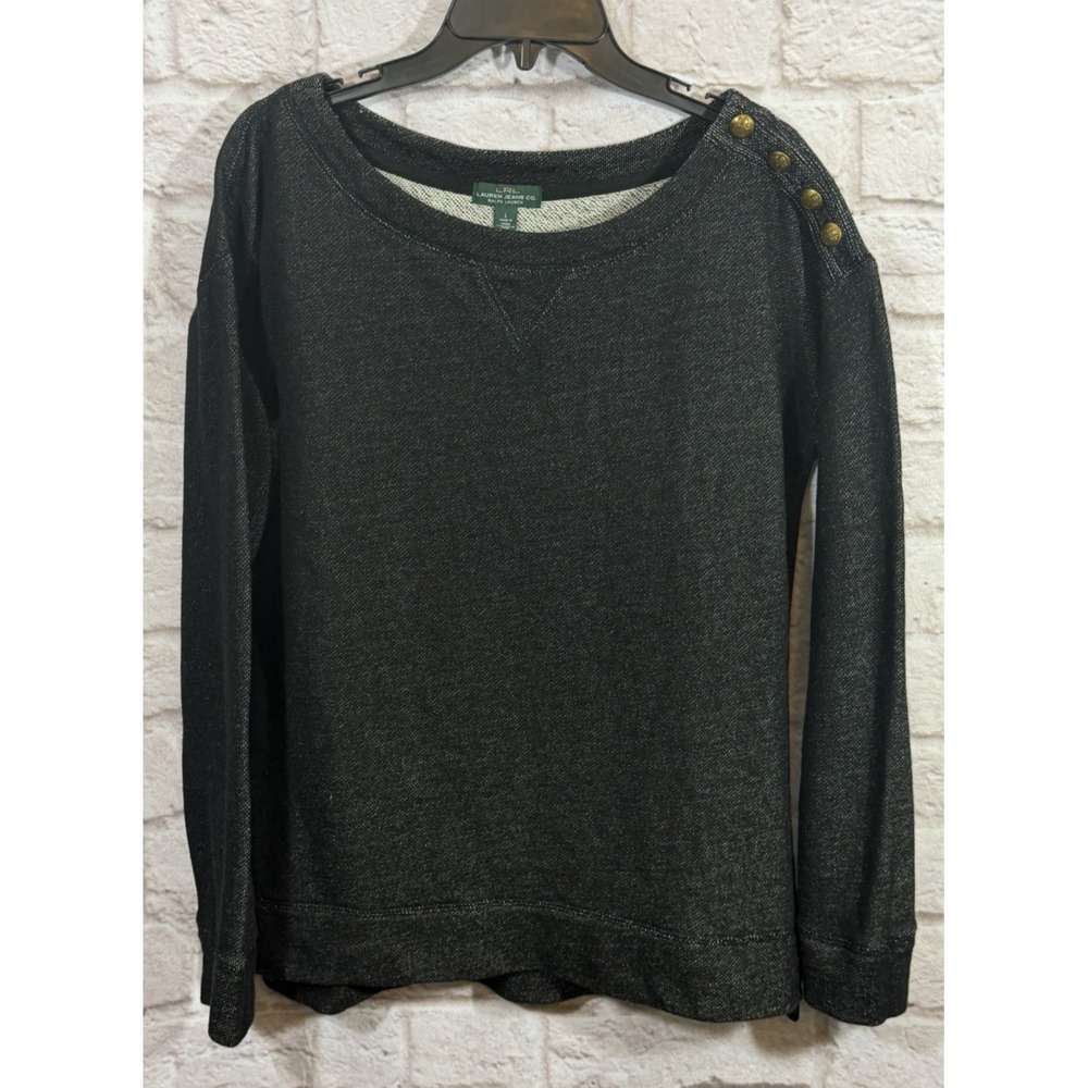 NEW LRL Lauren Jeans Co Womens Large Marled Black Shoulder Button Sweatshirt